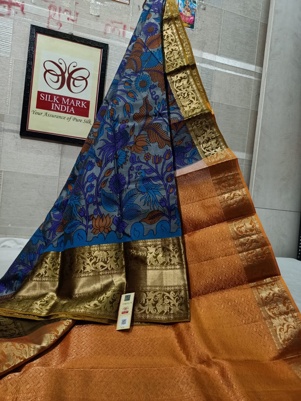 Pure Kanchipuram Silk Saree With Kalamkari Hand Print.