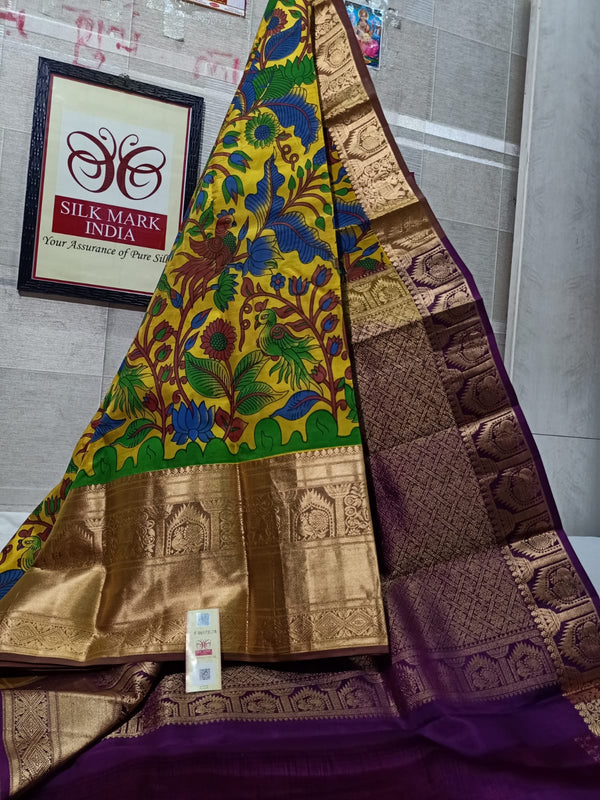 Pure Kanchipuram Silk Saree With Kalamkari Hand Print.