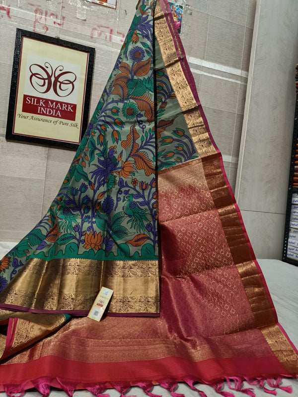 Pure Kanchipuram Silk Saree With Kalamkari Hand Print.