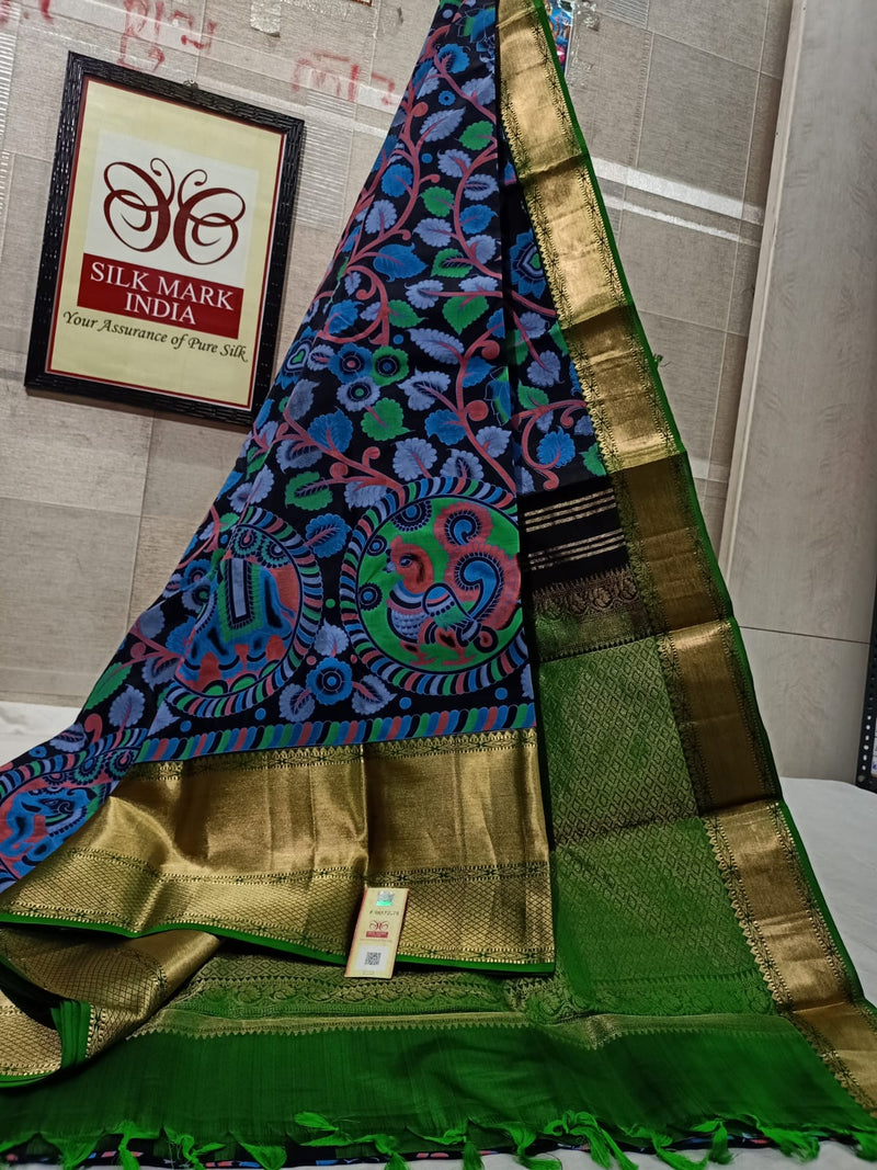 Pure Kanchipuram Silk Saree With Kalamkari Hand Print.