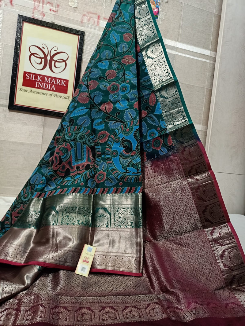 Pure Kanchipuram Silk Saree With Kalamkari Hand Print.