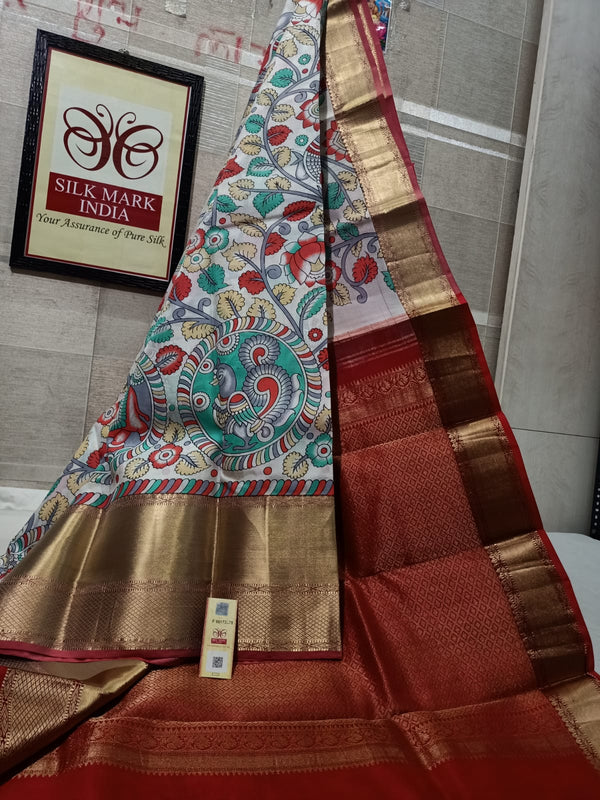 Pure Kanchipuram Silk Saree With Kalamkari Hand Print.