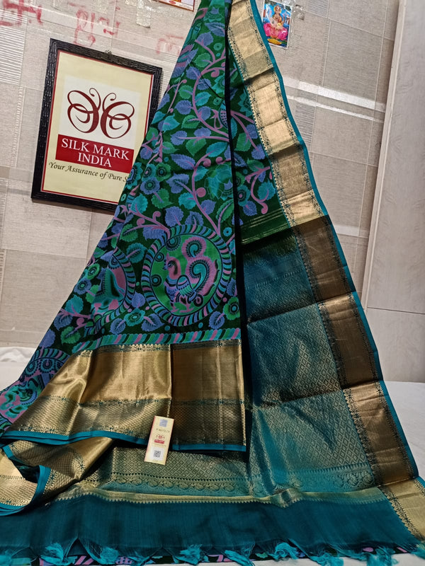 Pure Kanchipuram Silk Saree With Kalamkari Hand Print.