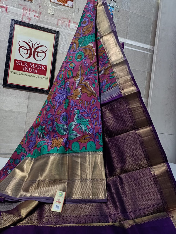 Pure Kanchipuram Silk Saree With Kalamkari Hand Print.