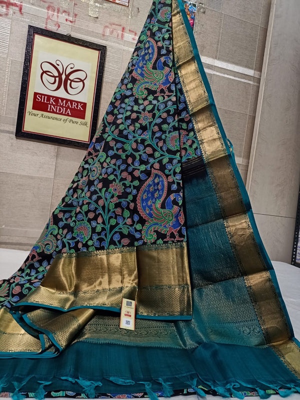 Pure Kanchipuram Silk Saree With Kalamkari Hand Print.