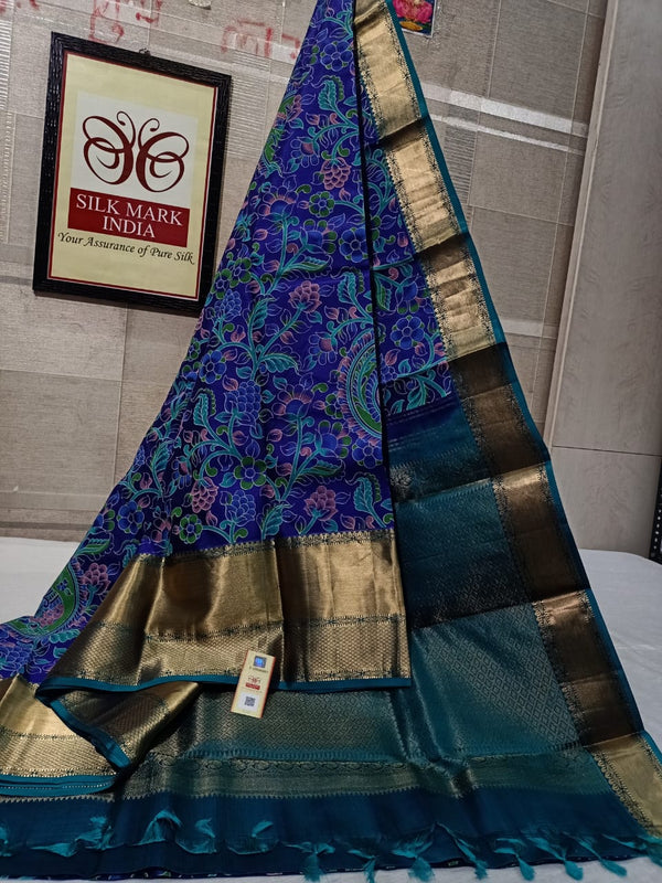 Pure Kanchipuram Silk Saree With Kalamkari Hand Print.