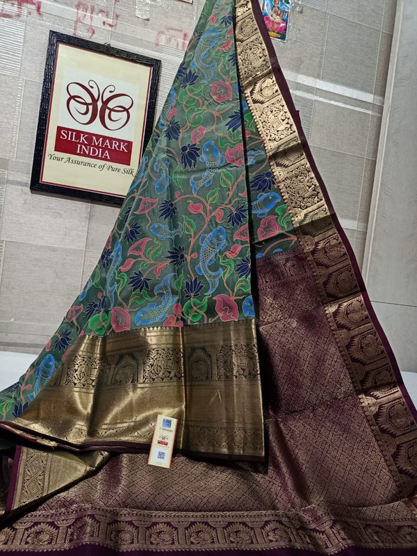 Pure Kanchipuram Silk Saree With Kalamkari Hand Print.