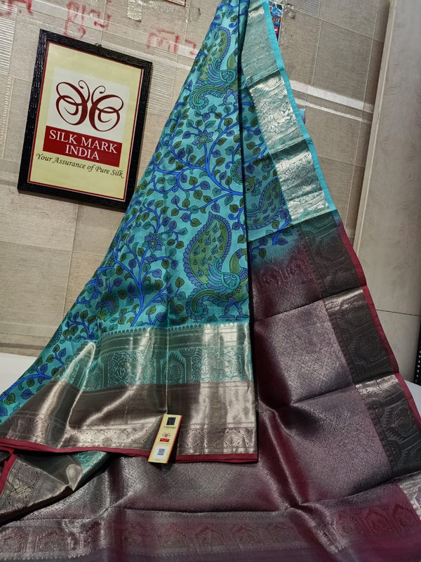 Pure Kanchipuram Silk Saree With Kalamkari Hand Print.