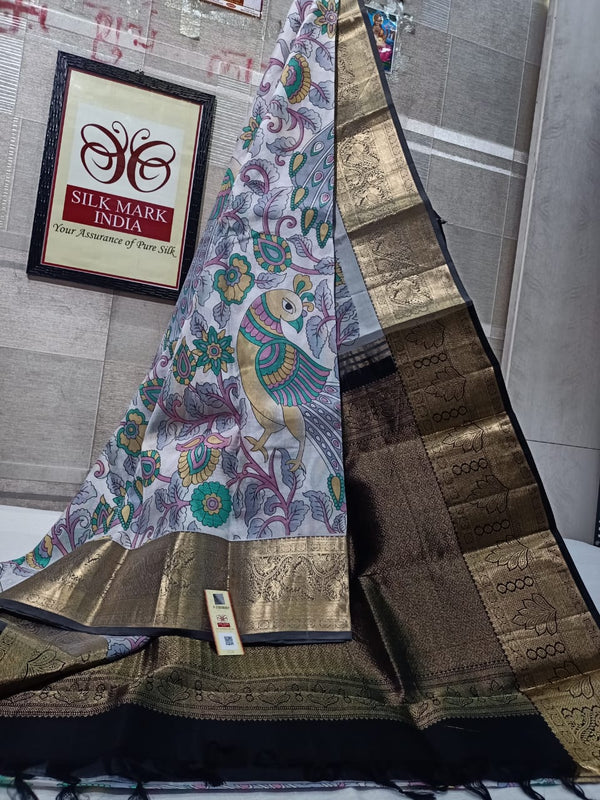 Pure Kanchipuram Silk Saree With Kalamkari Hand Print.