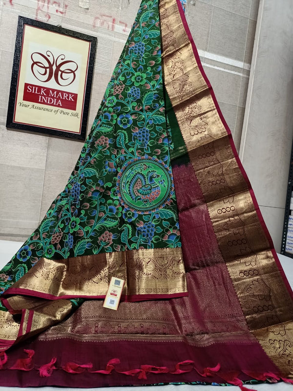 Pure Kanchipuram Silk Saree With Kalamkari Hand Print.