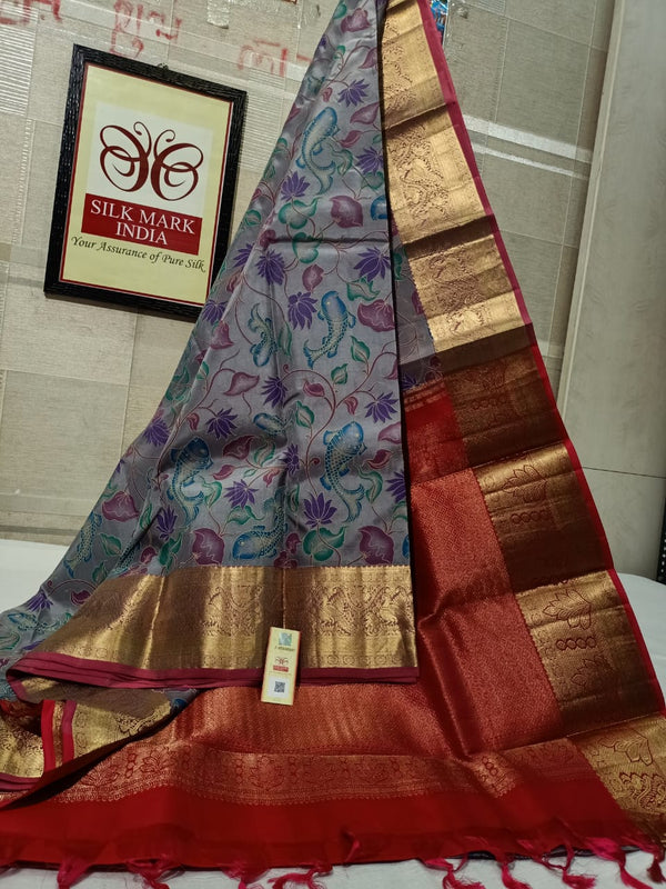 Pure Kanchipuram Silk Saree With Kalamkari Hand Print.