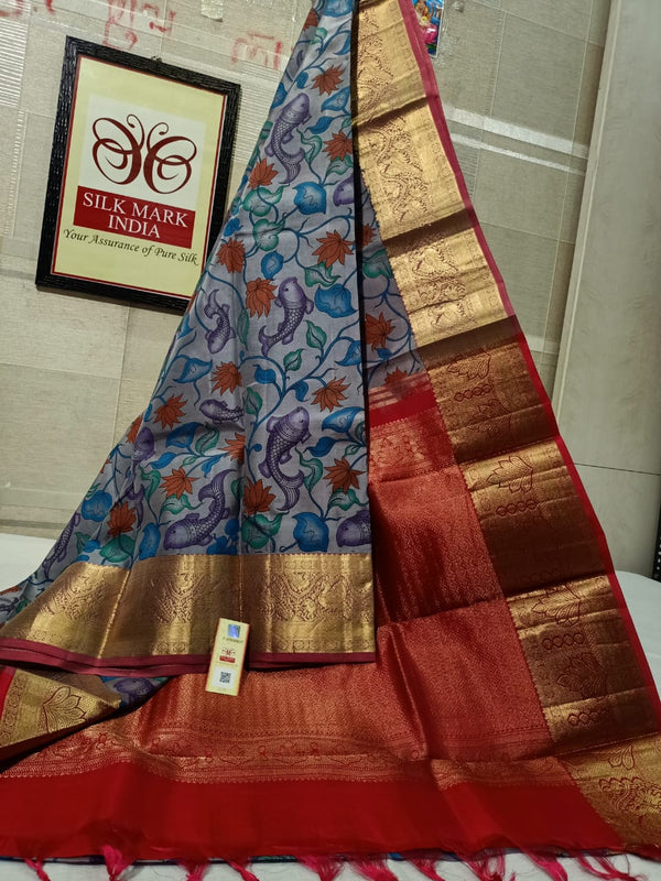 Pure Kanchipuram Silk Saree With Kalamkari Hand Print.