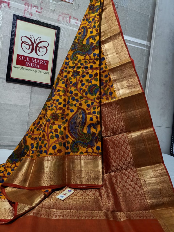 Pure Kanchipuram Silk Saree With Kalamkari Hand Print.