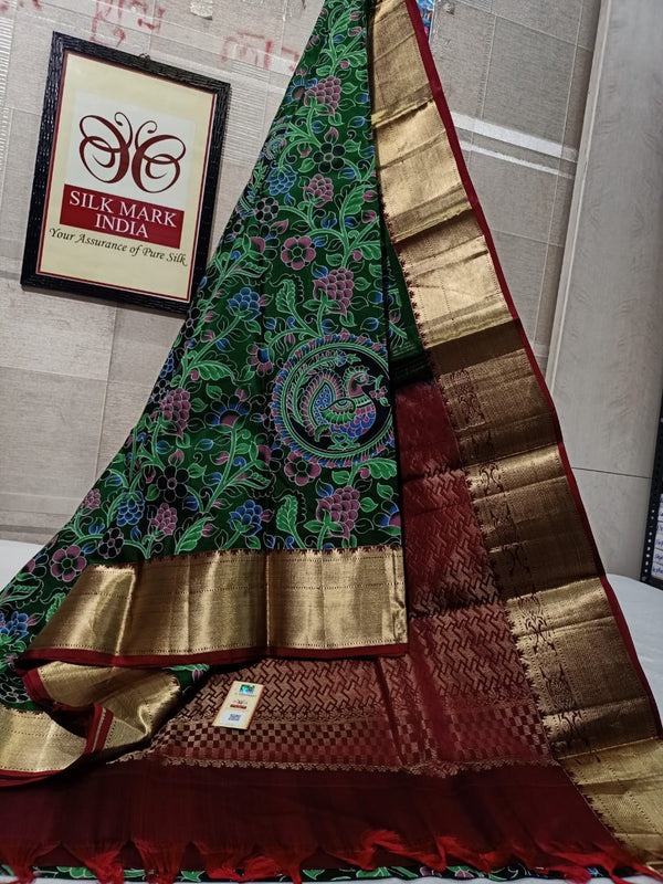 Pure Kanchipuram Silk Saree With Kalamkari Hand Print.