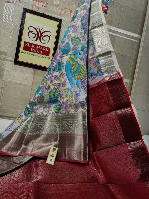 Pure Kanchipuram Silk Saree With Kalamkari Hand Print.