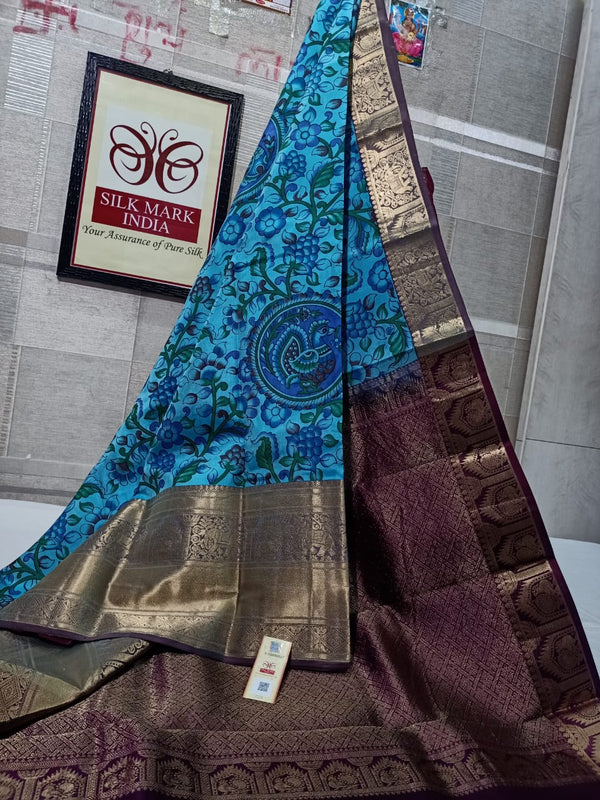 Pure Kanchipuram Silk Saree With Kalamkari Hand Print.