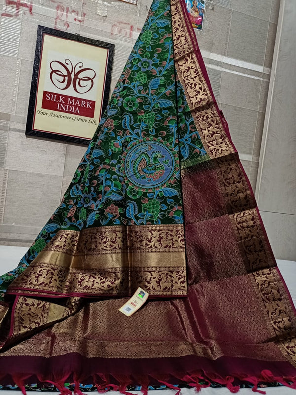 Pure Kanchipuram Silk Saree With Kalamkari Hand Print.