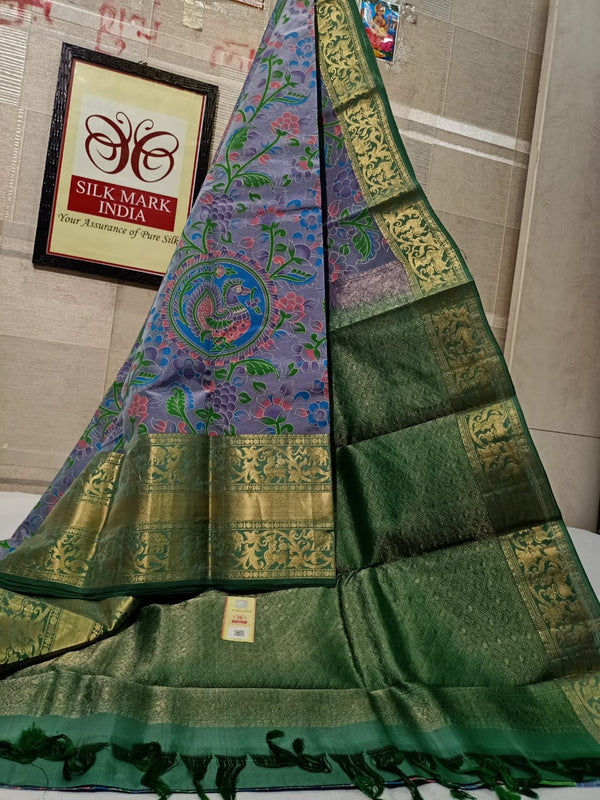 Pure Kanchipuram Silk Saree With Kalamkari Hand Print.