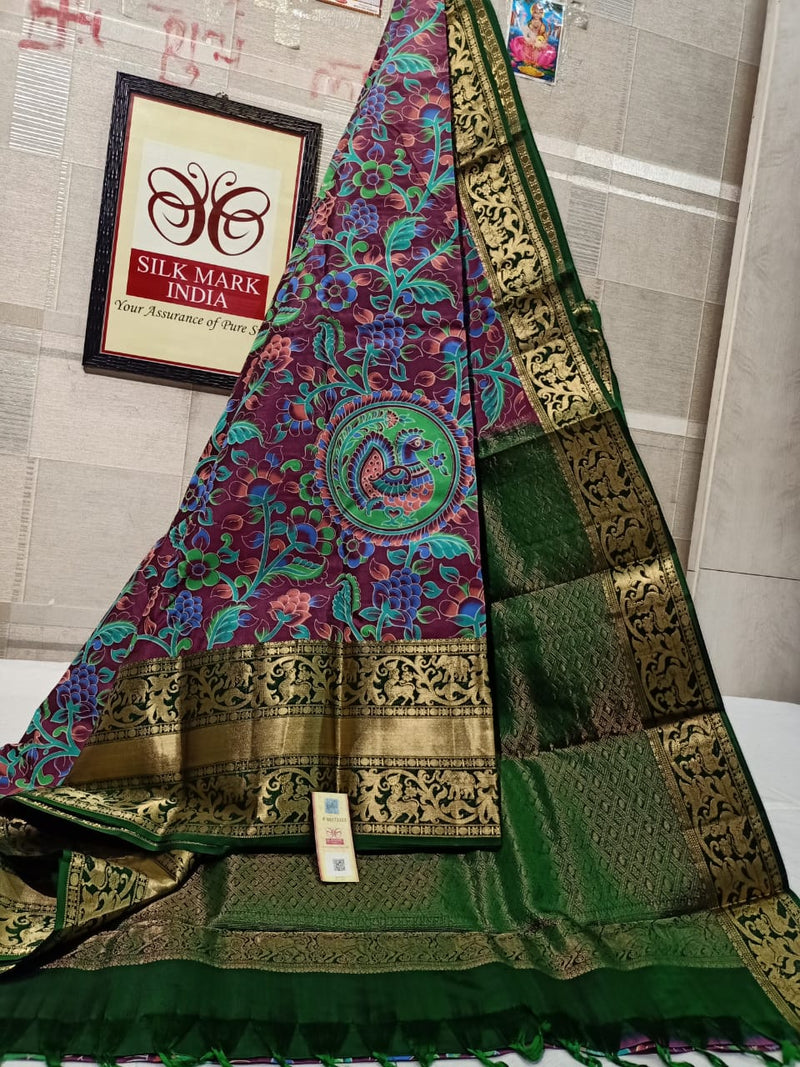 Pure Kanchipuram Silk Saree With Kalamkari Hand Print.