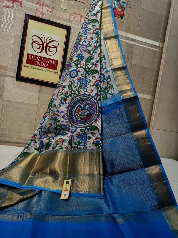 Pure Kanchipuram Silk Saree With Kalamkari Hand Print.