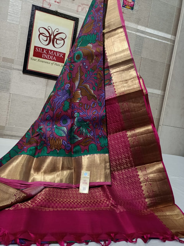 Pure Kanchipuram Silk Saree With Kalamkari Hand Print.