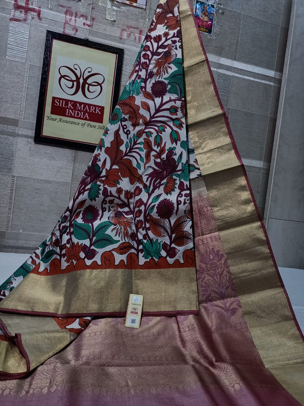 Pure Kanchipuram Silk Saree With Kalamkari Hand Print.