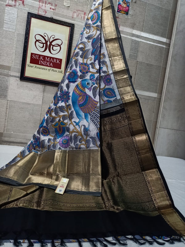 Pure Kanchipuram Silk Saree With Kalamkari Hand Print.