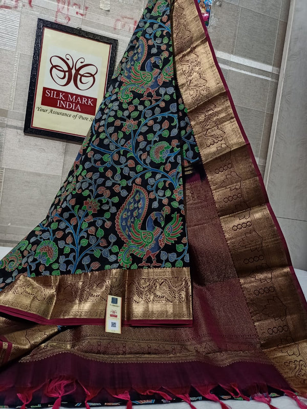 Pure Kanchipuram Silk Saree With Kalamkari Hand Print.