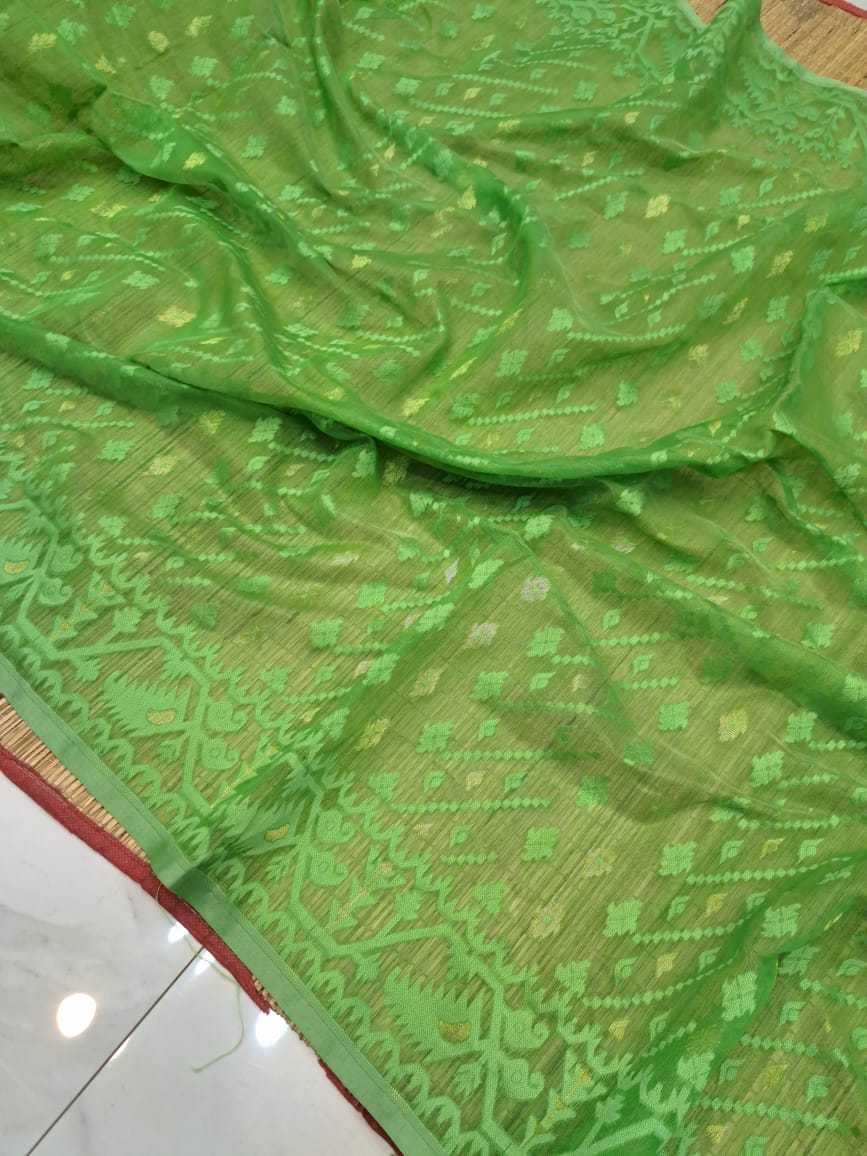 Bengal Shopping - One Life to Live - One Store to Shop | BS Parrot Green  Colour Banger Chhata Dhakai Jamdani Cotton Saree