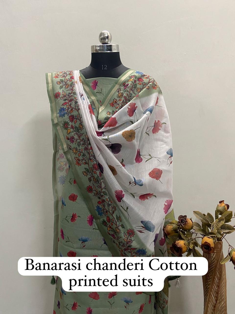 Banarasi Chanderi Cotton Silk Unstitched Suit With Digital Floral print work