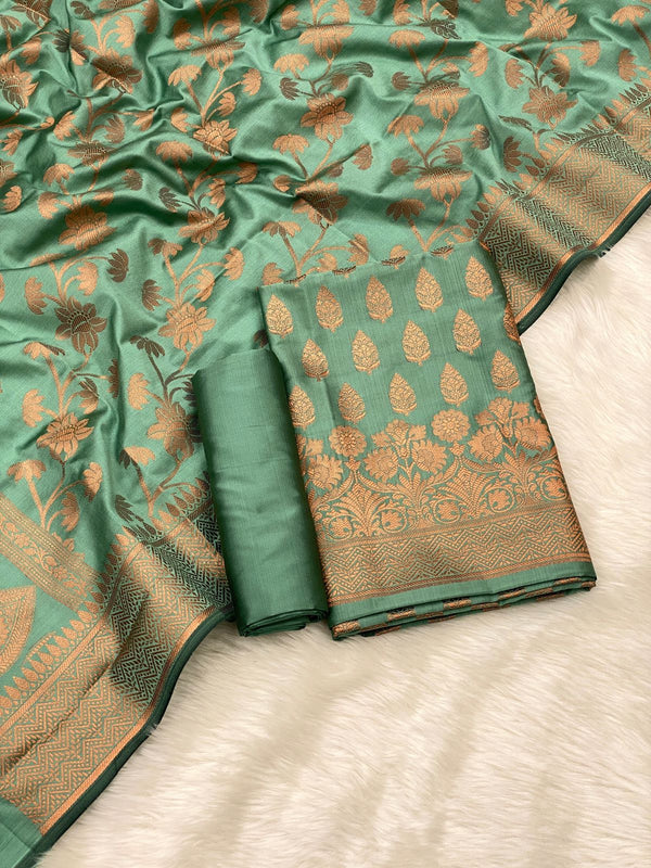 Pure Banarasi copper Zari Weaved Silk Unstitched Suit With Banarasi Silk Dupatta .