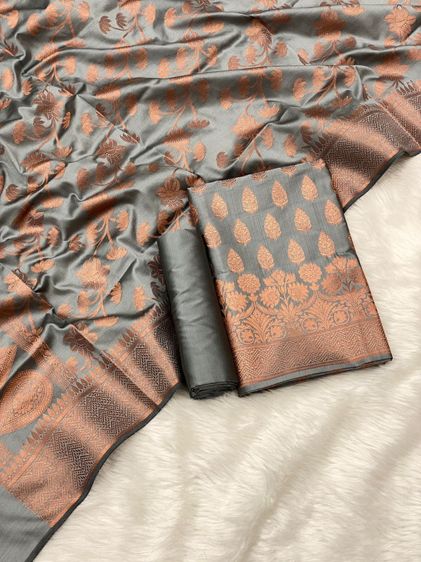 Pure Banarasi copper Zari Weaved Silk Unstitched Suit With Banarasi Silk Dupatta .