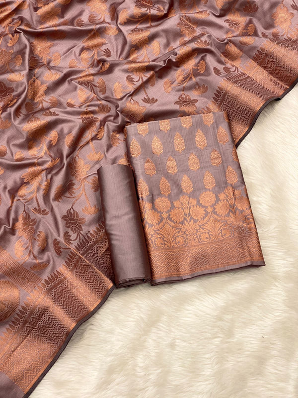 Pure Banarasi copper Zari Weaved Silk Unstitched Suit With Banarasi Silk Dupatta .