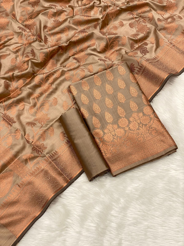 Pure Banarasi copper Zari Weaved Silk Unstitched Suit With Banarasi Silk Dupatta .