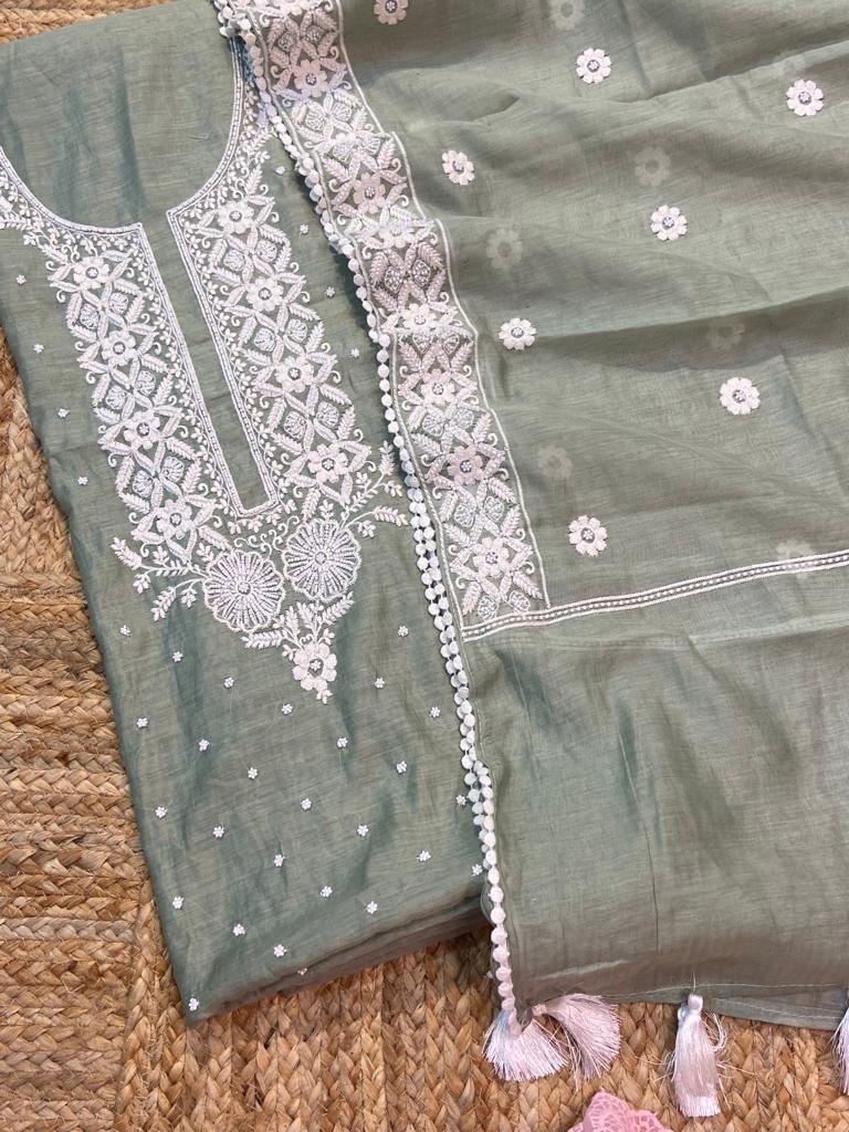 Pure Banarasi Mul-mul Chanderi Moti work weaved unstitched suit