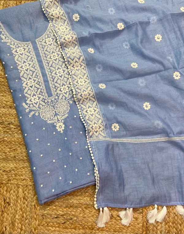 Pure Banarasi Mul-mul Chanderi Moti work weaved unstitched suit