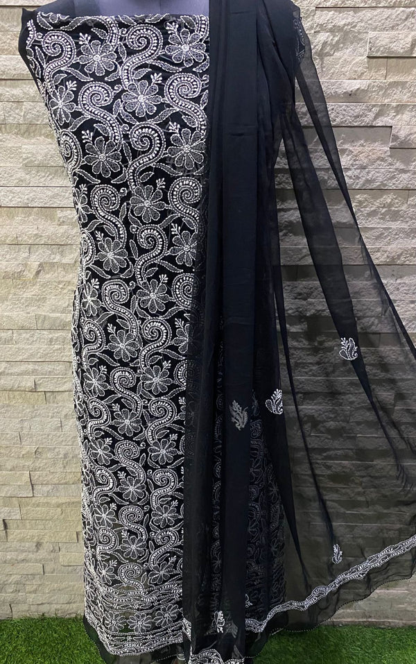 Pure Chiffon Georgette Chikankari Hand Embroidery Unstitched Suit.