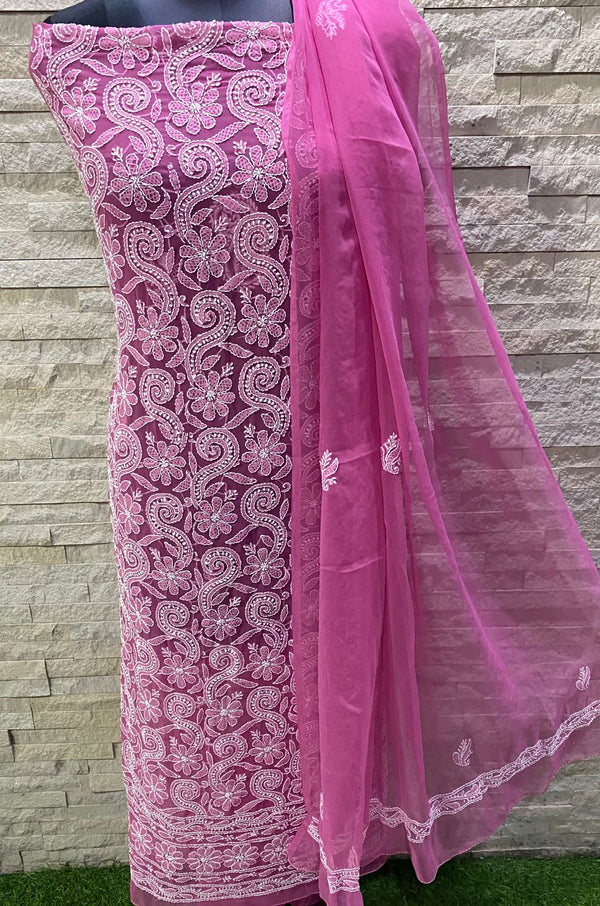 Pure Chiffon Georgette Chikankari Hand Embroidery Unstitched Suit.