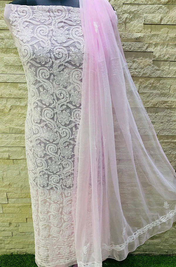 Pure Chiffon Georgette Chikankari Hand Embroidery Unstitched Suit.