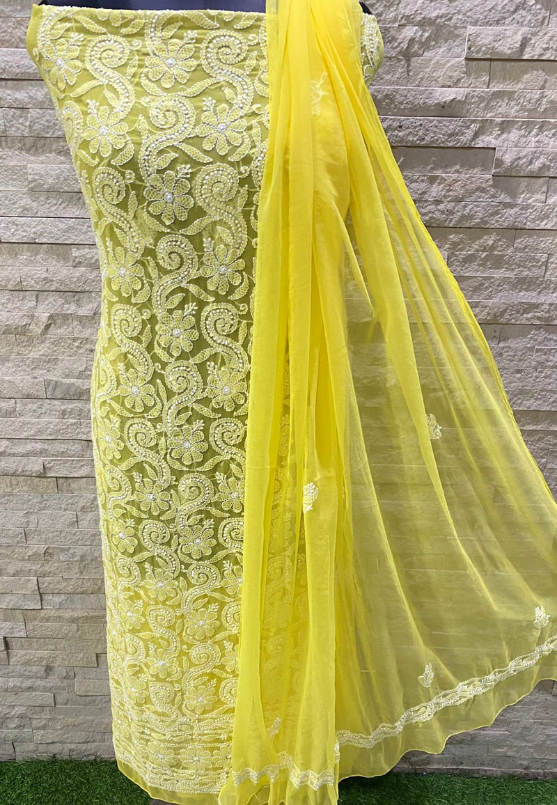 Pure Chiffon Georgette Chikankari Hand Embroidery Unstitched Suit.