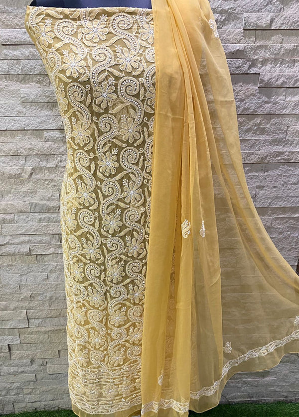 Pure Chiffon Georgette Chikankari Hand Embroidery Unstitched Suit.