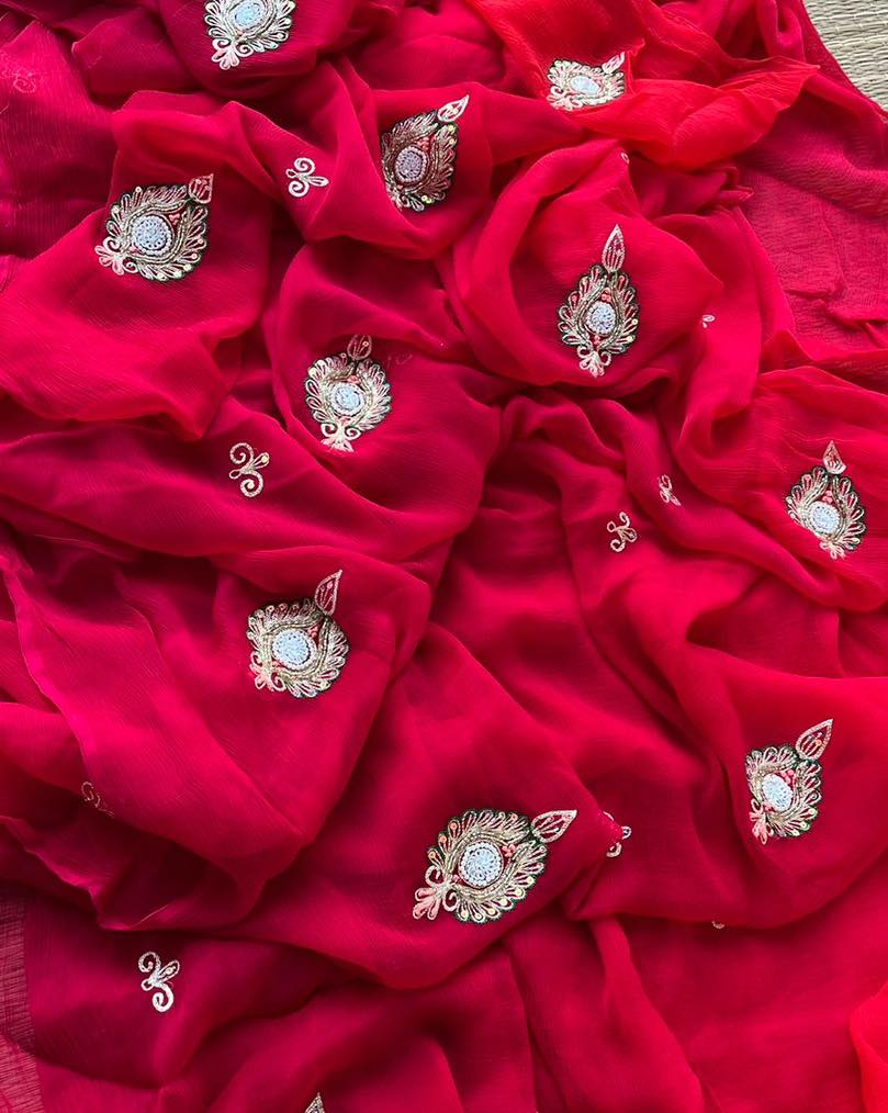 Red Diamond Chiffon Saree - We Are Best In Rajputi Poshak & Saree