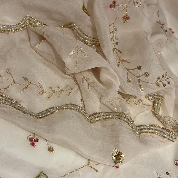 BEAUTIFUL HANDCRAFTED PEARL AND KATDANA EMBROIDERY WORK DAIMOND CHIFFON SAREE