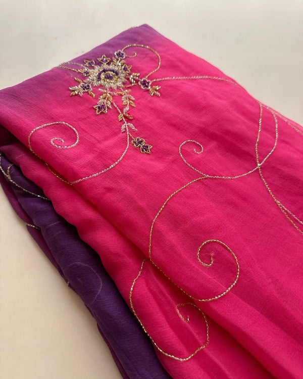 BEAUTIFUL HANDCRAFTED PEARL AND KATDANA EMBROIDERY WORK DAIMOND CHIFFON SAREE