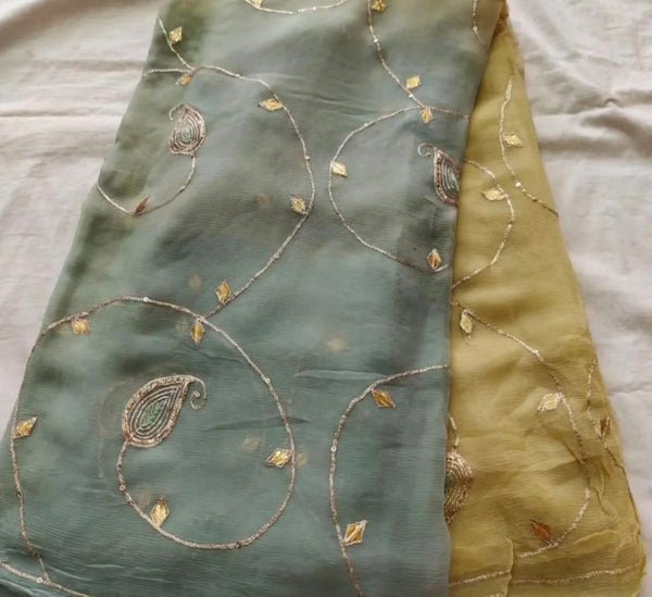 HANDCRAFTED ZARI AND GOTA EMBROIDERY WORK  JAAL CHIFFON SAREE