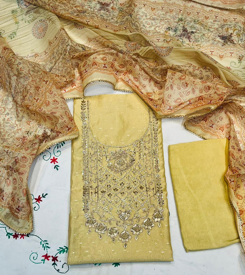 Chanderi silk unstitched gota work suit organza printed dupatta