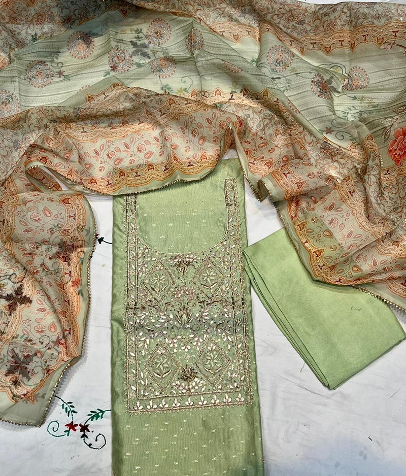 Chanderi silk unstitched gota work suit organza printed dupatta