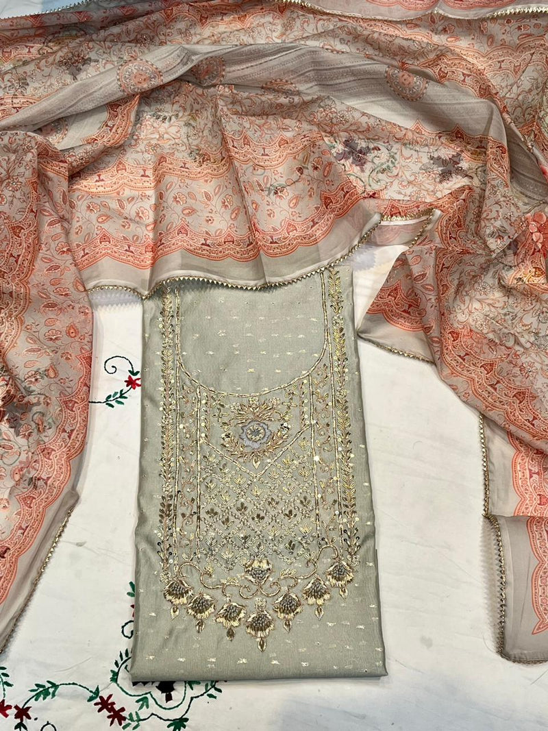 Chanderi silk unstitched gota work suit organza printed dupatta