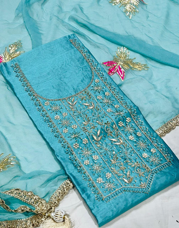 Chanderi silk unstitched gota work suit chiffon dupatta