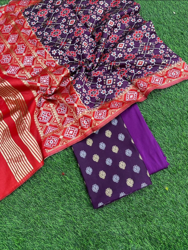 Banarasi Katan Silk Unstitched Suit with patola weaving